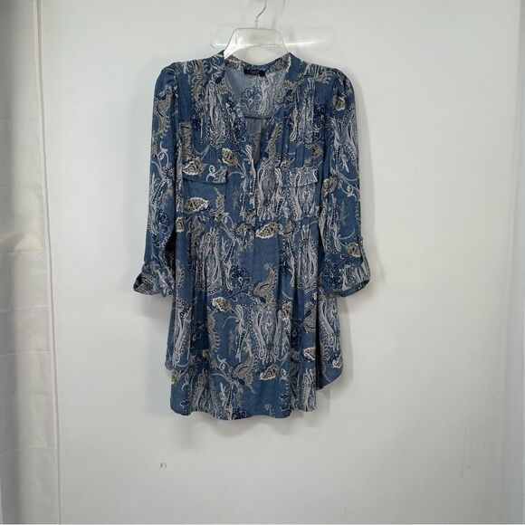 Ava & Grace Size 2X Popover Style Tab Sleeve Blue Print Blouse Partial Lining - Picture 1 of 15